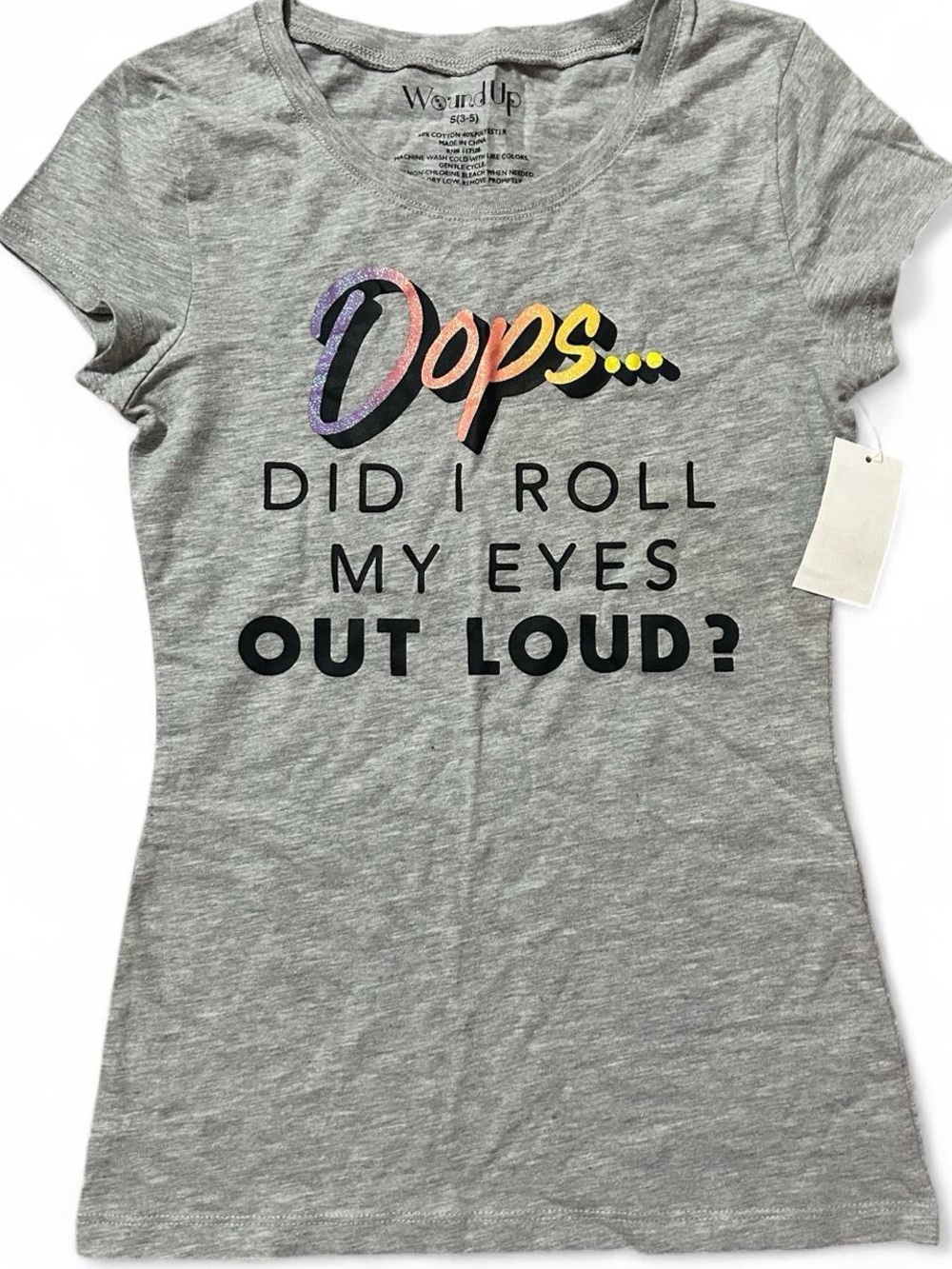 NWT Grey Tee with Multicolor 'Oops' Script